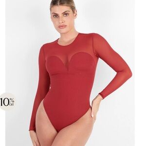 Popilush Red Shapewear Bodysuit Sheer Mesh Long Sleeve Thong, XXL